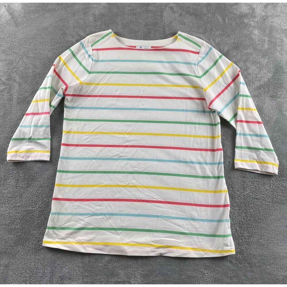 Denim & Co Womens Small Multi Color Striped Boat Neck 3/4 Slv Cotton Top White